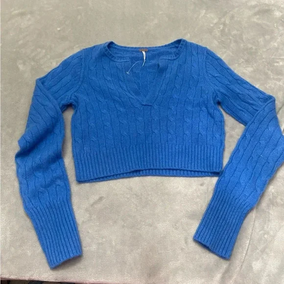 New! Free People Sennen Cashmere Cable Cropped Sweater blue nwot 27167